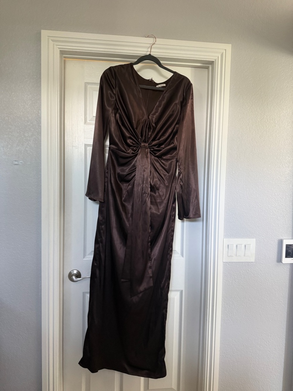 REVOLVE Long Sleeve Satin Twist-Front Maxi Dress in Brown